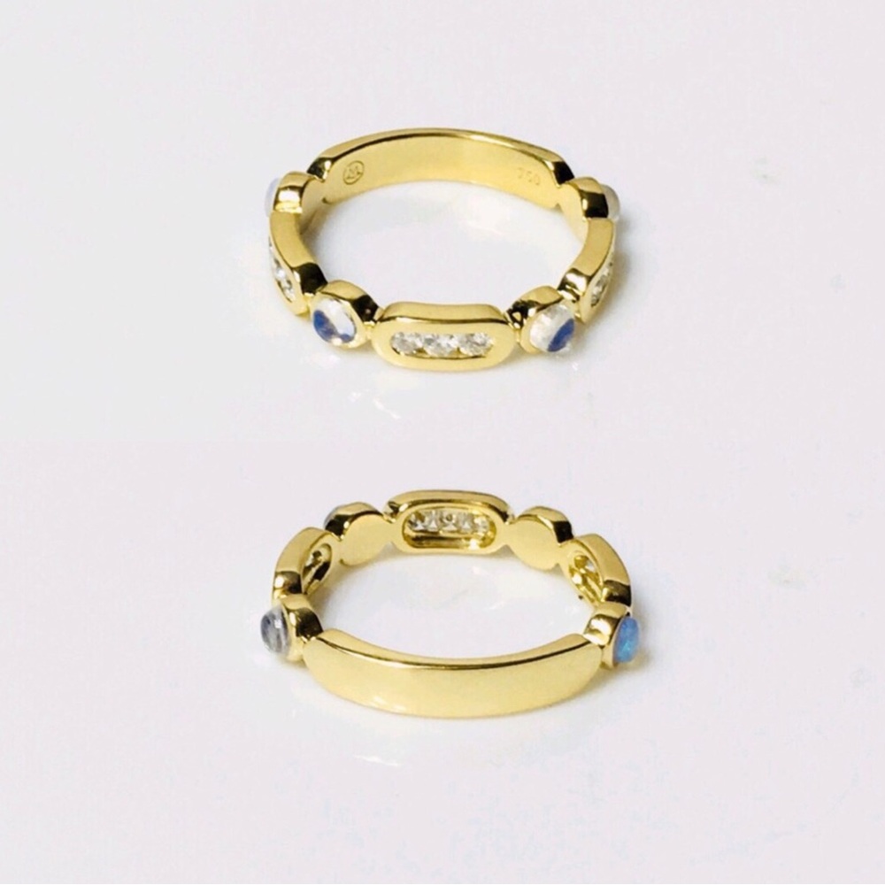 Vintage rare Movado 18K yellow gold moonstones and diamonds stunning band ring - Picture 5 of 10